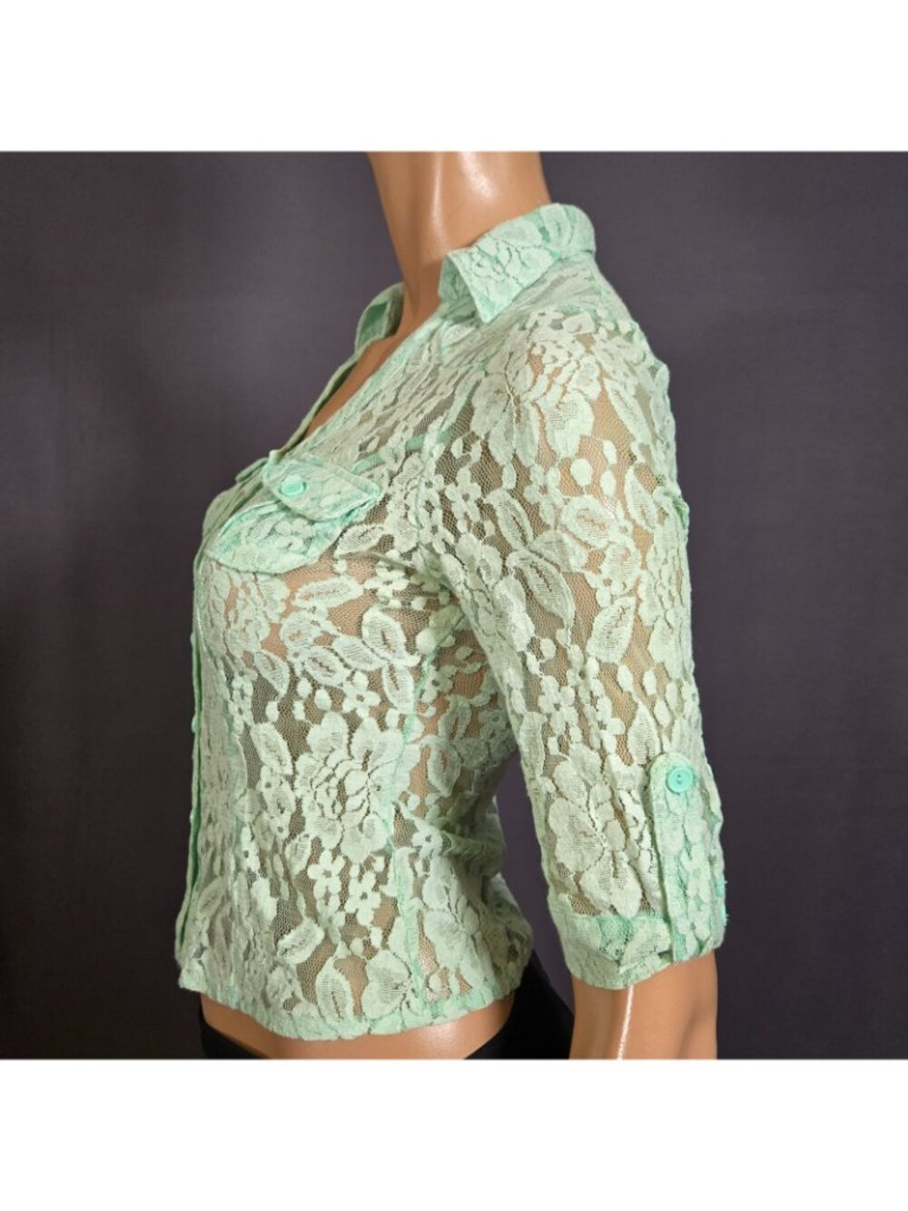 Y2K Aqua Mint Green Lace Button Up Blouse Size XS Office Siren Fairy Coquette - Picture 7 of 11